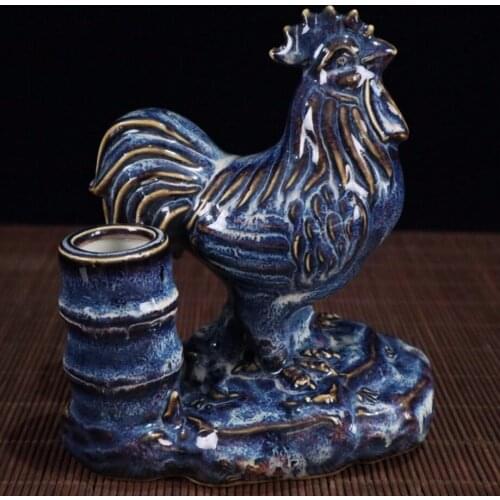 China blue glaze ceramic chicken Pen holder crafts statue