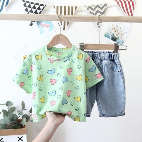 Toddler Girls Clothes Sets Cute Print Summer Sets Boy Girls Clothes Casual T Shirt Denim Pants Fashion Suits For 1-5 Years