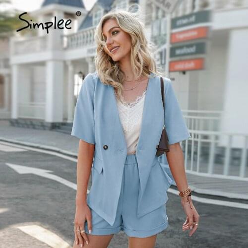 Simplee Light pink two-piece short sleeve blazer suit Spring summer Solid V-neck top shorts women set Casual streetwear suits