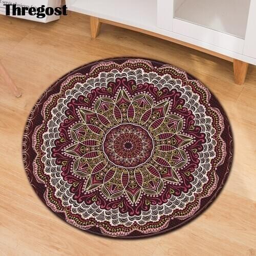 Thregost Round Floor Mats Persian Printed Flannel Mat Geometric Bathroom Rugs Washable Anti-slip Prayer Rug Office Chair Carpet