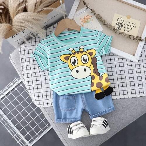 Summer 1 2 3 4 5 Year Boy Baby Fashion Clothes Cute Cartoon Giraffe Short Sleeves Denim Shorts Suit 2-Piece Cotton Suit