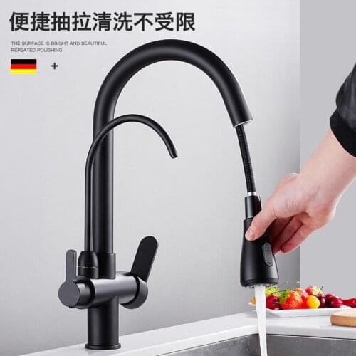 Copper black three in one water purifier faucet cold and hot rotating double water outlet vegetable basin pull-out kitchen