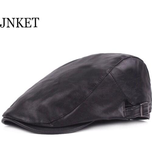 JNKET Mens PU Leather Beret Hat Casual Peaked Cap Flat Cap Winter Autumn Windproof Hat Gorras Casquette Adjustable Size