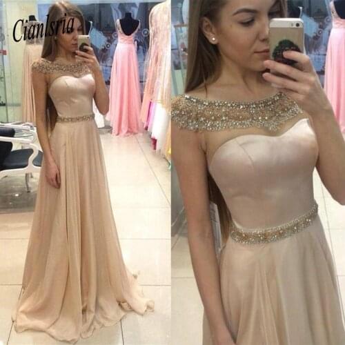 New Beaded Collar Summer Prom Dresses Elegant Blush Pink Sheer Cap Sleeves Crystal Beaded Evening Gowns Pageant Party Dresses
