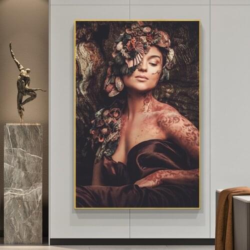 Nymph Woman In The Flowers Forest Portrait Canvas Scandinavian Painting Wall Art Nordic Tattoo Girl Poster and Prints Decoration