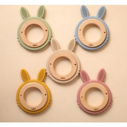 Slicone BabyTeethers Cartoon Bunny Smooth Beech Wooden Rings BPA Free Kid Teething Molar Toys Oral Care baby accessories newborn