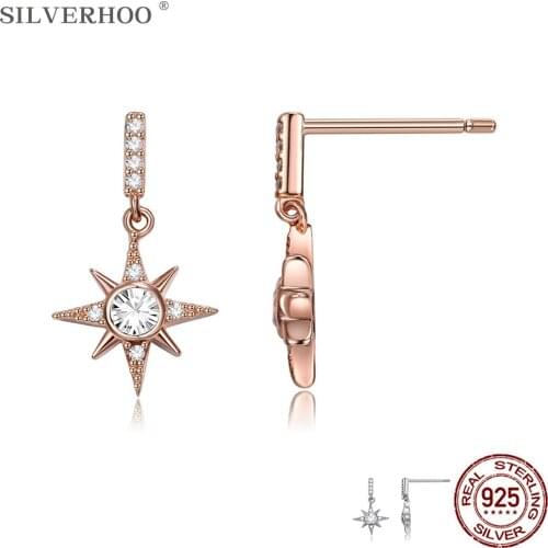 SILVERHOO Genuine Sterling Silver 925 Jewelry Shiny Star Drop Earring Luxury Cubic Zirconia Earrings For Women Anniversary Gift