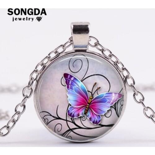 SONGDA Elegant Purple Butterfly Art Picture Specimen Pendant Necklace Handmade Glass Cabochon Metal Chain Ketting Necklace Women