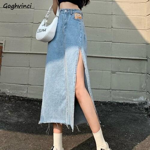 Skirts Women Side-slit Solid A-Line Denim All-match Chic High Waist Vintage Fashion Streetwear Sexy Student Casual Ulzzang Ins
