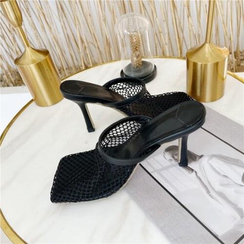 SONDR 2021 New Hollow Breathable Mesh Woman Thin High Heels Slippers Summer Vintage Square Toe Mules Femme Shoes Pumps Sandals
