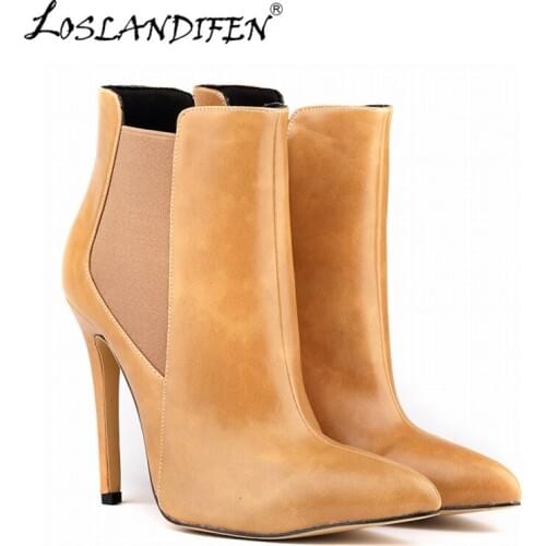 2021 New Women Boots Pointed Toe PU Leather 11cm Sexy High Heels Ankle Short for Female Camel Brown Shoes Large Size