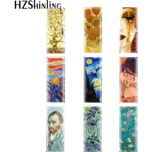 10pcs 10*25mm Gustav Klimt Van gohns Art Paintings The Kiss Rectangular Glass Cabochons Jewelry Accessories