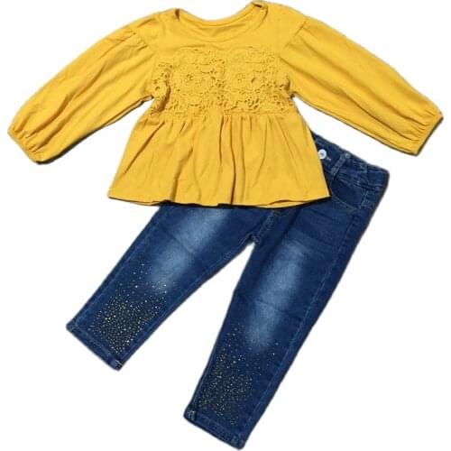 Girlymax 2 Colors Long Sleeve Woven Smocked Solid Top Wine Mustard Baby Girls Denim Jeans Pants Set Kids Clothing