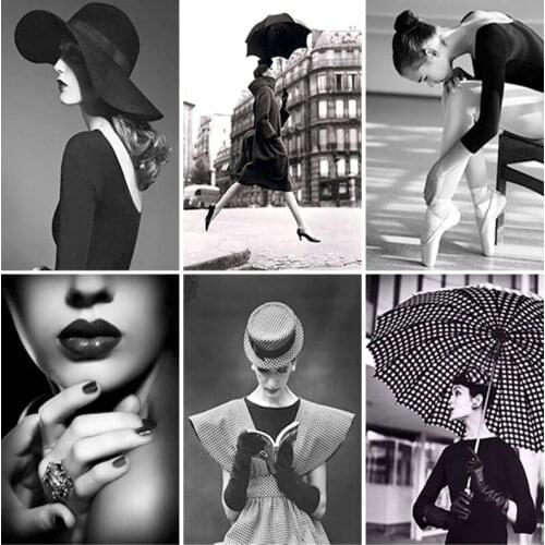 Full Square Round Diamond Embroidery White and Black 5D DIY Diamond Painting Woman Cross Stitch Rhinestone Mosaic Art Home Decor