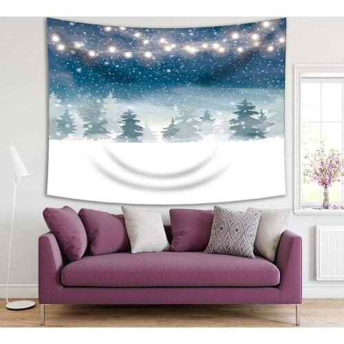 Tapestry Winter Christmas Woodland Landscape with Falling Snow Snowflakes Coniferous Forest Navy Blue White Night Scene