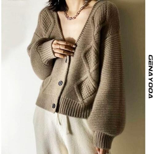 Genayooa V-neck Cardigan Women 2021 Autumn Winter Office Ladies Casual Korean Long Sleeve Sweater Women Tops Female Cardigans