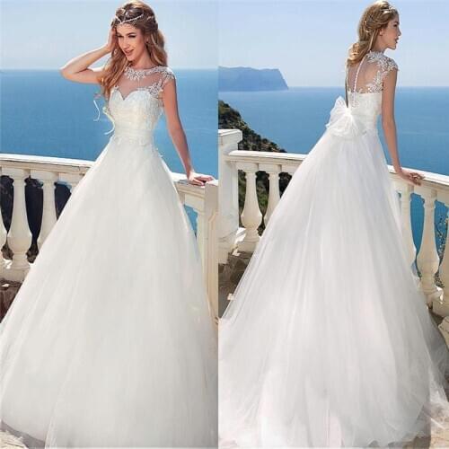 Scoop Short Sleeves Lace Appliques A-Line Wedding Dresses Tulle Bridal Gowns Custom Made Princess Long Robe De Mariee White