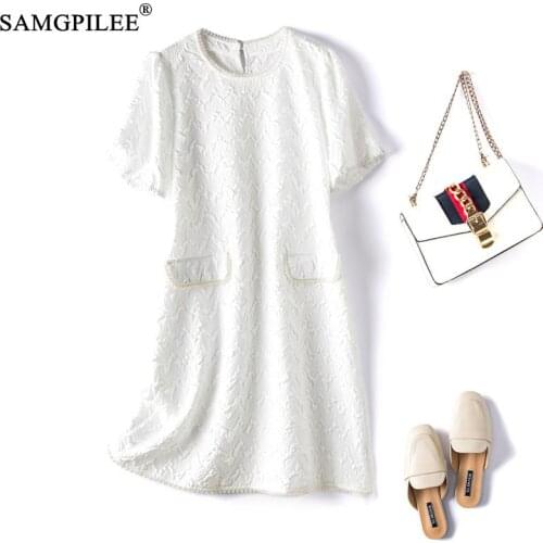 Summer Pleated Dresses Women 2021 New Retro Beaded Decorative Pockets O Neck Knee Length White Short-sleeved Dress Plus Size 4XL