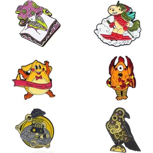 Cartoons Anime Rooster And Unicorn Enamel Badges Lapel Pins Cute Mechanical Bird Fashion Brooches For Women Metal Decorative Pin