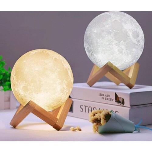 Novelty 3 Color Change 3D Print Moon Lamp Modern Bedroom Decoration Touch Switch Night Light USB Rechargeable Bedside Lamp