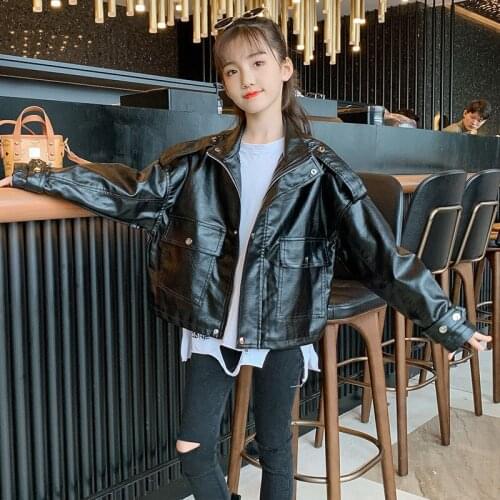 2021 Autumn Girls Coat PU Jackets Black Pink 2 Color Children Motorcycle Clothes Cool Kids Outwear