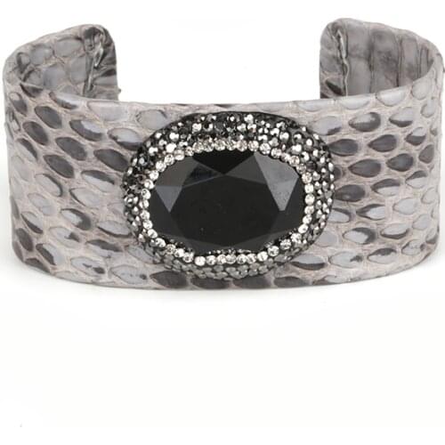 Oval black obsidian stone bead charm pave rhinestone resizable dark grey snake leather wide wrap open bangle cuff for women