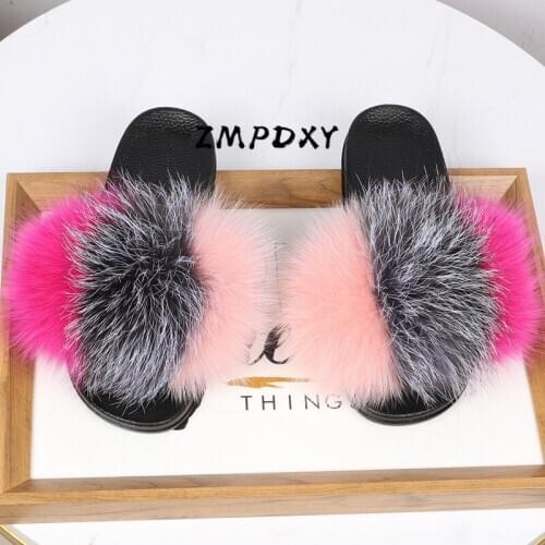 Ladies Winter Rain Plush Slippers Kids/Childrens Raccoon Fur Slides Womens Real Fox Fur Sandals Female Indoor Furry Home Shoes