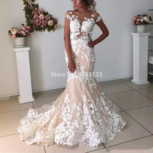 Champagne Mermaid Wedding Dresses 2021 Open Back Robe de Mariee Lace Floral Applique Nude Tulle Neck Short Sleeves Bridal Gowns