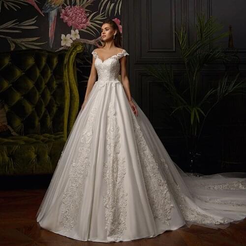 Appliques A Line Wedding Dresses Vestido Casamento Cap Sleeve Lace Up Princess Bridal Gowns Robe De Mariee