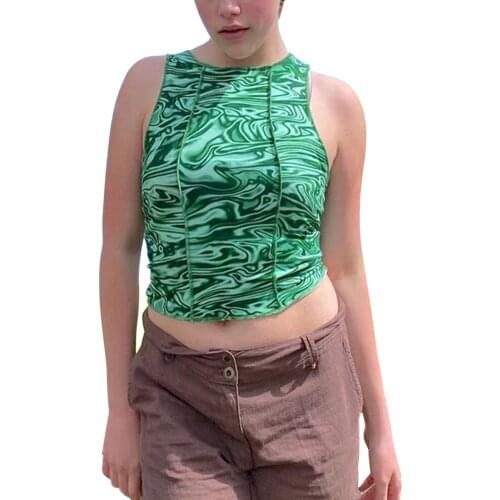 Women Sexy Green Print Tank Top Y2K Fashion Sleeveless Crew Neck Slim Fit Crop Top Holiday Summer Casual Camis Tops Streetwear