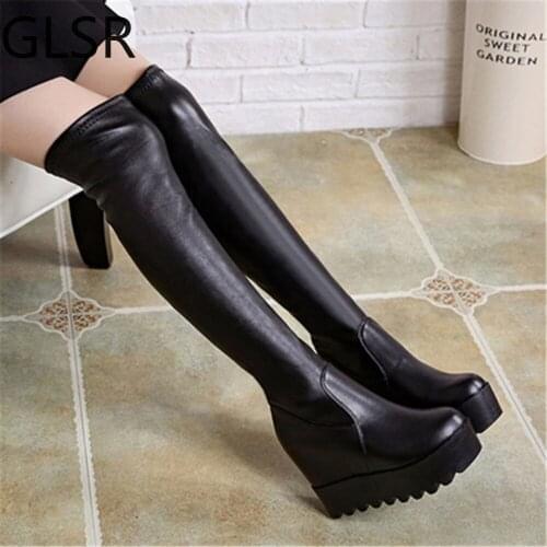 Womens Over The Knee Boots 2021 Leather Fashion Women Long Boots Autumn Winter Round Toe Ladies Platform Height Increasing Shoe