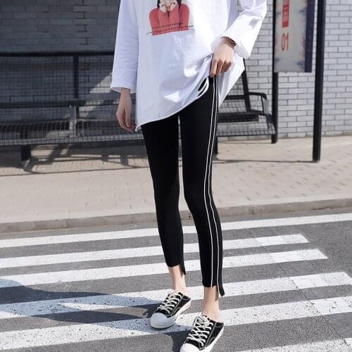 Spring and summer womens new double side strips leggings pure color and feet nine pants Cropped trousers