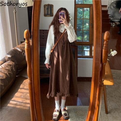 Women Sets White Long-sleeve Shirts High-waist Pleated Dress 2 Pieces Outfits Ladies Vintage Fashion Simple Lovely Sweet Elegant