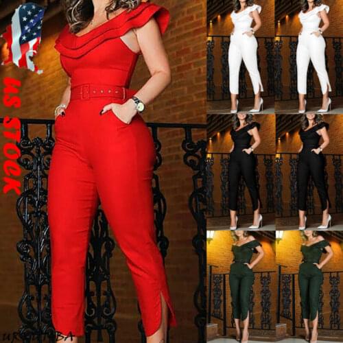 OL Office Ladies Women Vintage Elegant Sexy Off Shoulder Solid Color Ruffles Slim Fit High Waist Club Casual Jumpsuits Rompers