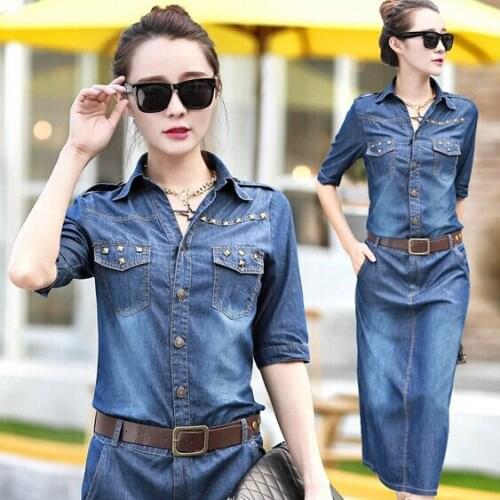 Spring Fashion Women Jean Dress Summer Dress Half Sleeve Lapel Lady Denim Maxi Dress With Sashes