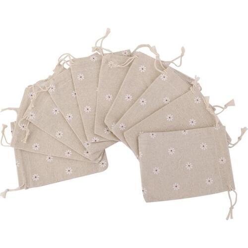 10pcs Natural Linen Jute Burlap Small Simple Sack Pouch Drawstring Gift Bag 10 x 14cm Daisy Flower Jewery Bag Wedding Favor