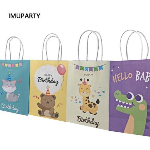10pcs Cartoon Animal Gift Bags Panda Giraffe Jungle Party Candy Favors Paper Bags with Handles Birthday Party Supplies Kids