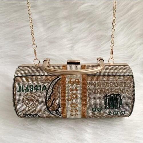 2021 Rhinestone Money Clutch purse Dollar painting Crystal Diamond Evening bags women Round Luxury designer Party Handbag B368
