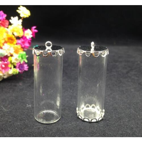 3sets/lot 40*15mm glass tube cover globe findings silver plated lace tray glass vial bottle jewelry diy pendant necklace gifts