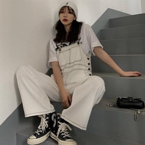 Streetwear Tooling Casual Harajuku Cargo Overalls High Waist Pocket Vintage Bright Line Decoration Loose Harem Rompers Trousers