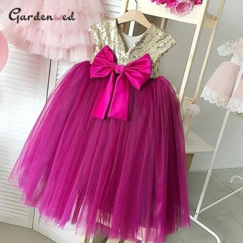 Gardenwed Kids Sequined Glitter Flower Girl Dresses Satin Bow Princess Dress Birthday Dress Simple Girl Wedding Party Dress