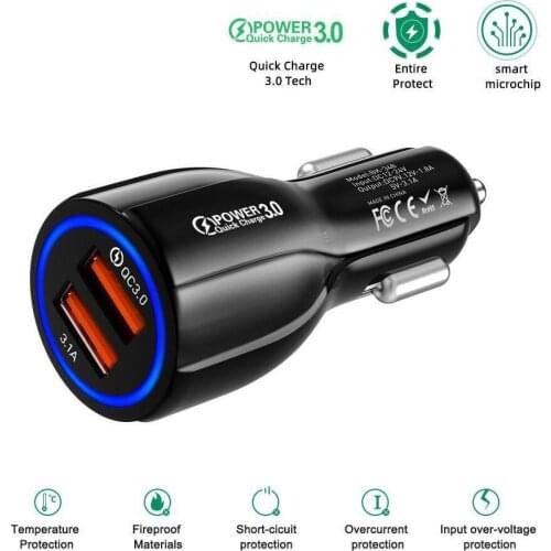 Dual USB QC 3.0 Car Charger Quick Charge 3.0 Phone Charging Car Fast Charger 2Ports USB Plug Portable Charger For iPhone/Xiaomi
