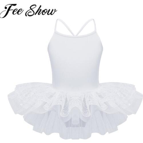 FEESHOW Kids Girls Spaghetti Shoulder Straps Layered Lace Ballet Dance Gymnastics Leotard Mesh Tutu Dress For Stage Performance