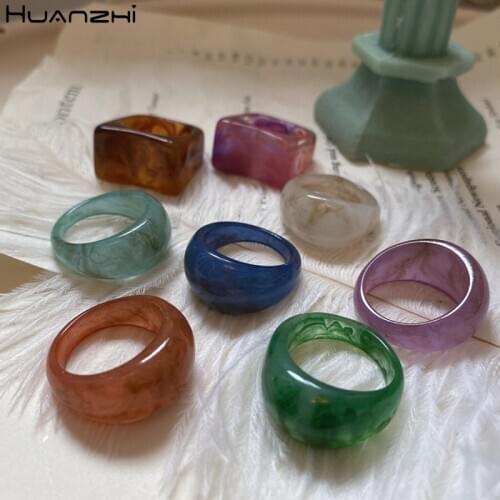 HUANZHI 2021 New Trendy Colorful Transparent Geometry Arc Circle Resin Pattern Acrylic Rings for Women Girls Jewelry Gifts