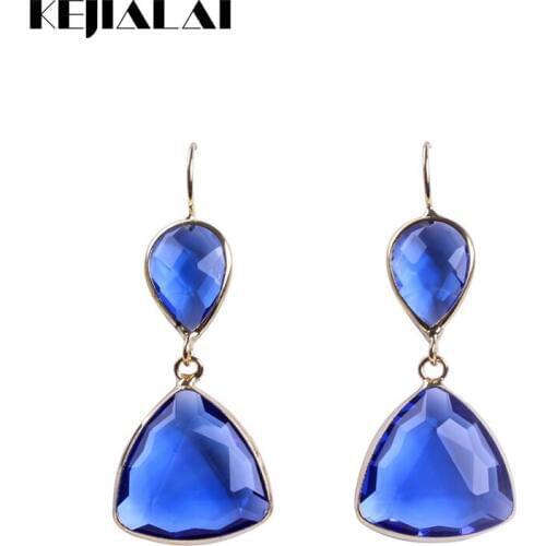 Kejialai 1Pair Fashion Blue Crystal Glass Dangle Earring Faceted Water Drop Triangle Pendents Women Jewelry Rrtro Antique M-L620
