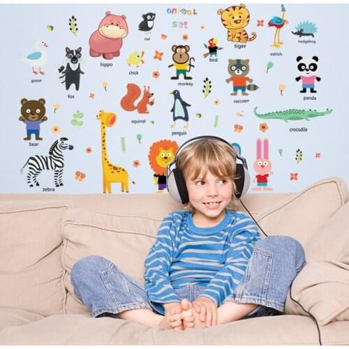 Cartoon Animals Theme Wall Stickers For Kids Room Home Decor Lion Elephant Giraffe Zebra Safari Wall Mural Art Nusery Decals