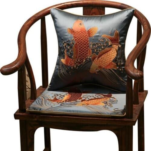Fine Embroidery Koi Fish Chair Pads Seat Cushions Office Home Decor Chinese Silk Satin Non-slip Armchair Diningchair Sit Mats