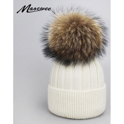 Parent-child Solid Beanie Hat Winter Wool Knitted Hat With Real Raccoon Fur Pom Pom Outdoor Warm Casual Skullies Beanies Bonnet