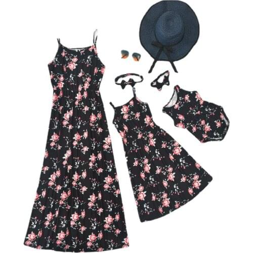 New Summer Parent-child Dress Flower Sling Print Dress Long Skirt Mother Daughter Fashion Flower Dress Family Matching Clothes