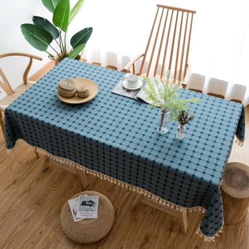 Lattice Rectangular Table Cloth Home Desk Decoration Linen Cotton Plaid Tablecloth Tassel TV Fridge Top Cover Table Clothmat